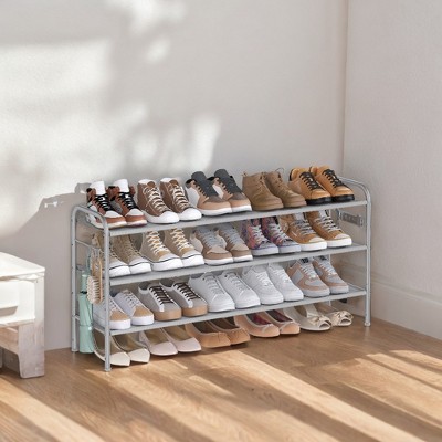 Shoe Rack, 3 Tier Shoe Organizer, Fabric Shoe Shelf Storage with 4 Hooks, Holds up to 18 Pairs of Shoes, Height-Adjustable Shoe Rack for Entryway