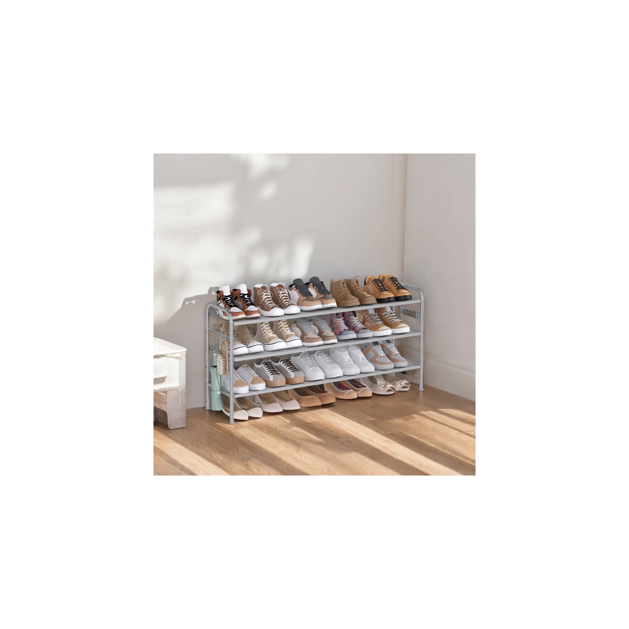 Shoe Rack, 3 Tier Shoe Organizer, Fabric Shoe Shelf Storage with 4 Hooks, Holds up to 18 Pairs of Shoes, Height-Adjustable Shoe Rack for Entryway