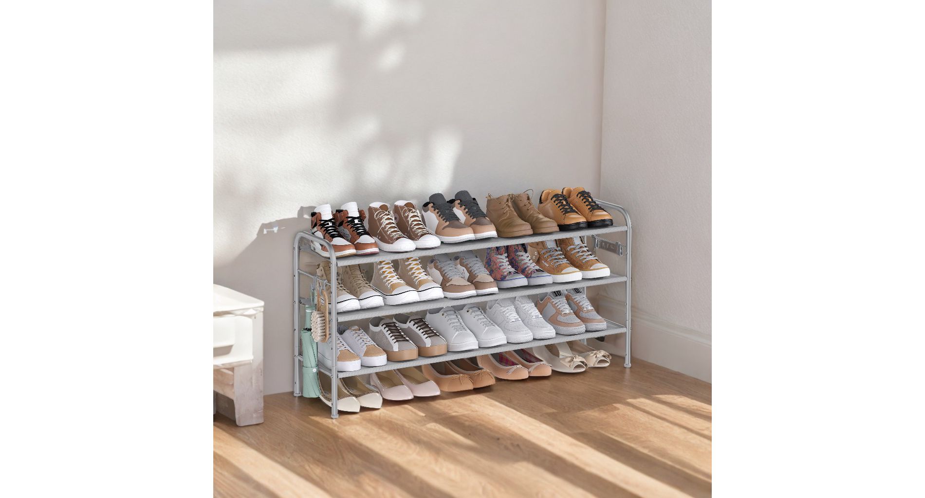 Shoe Rack, 3 Tier Shoe Organizer, Fabric Shoe Shelf Storage with 4 Hooks, Holds up to 18 Pairs of Shoes, Height-Adjustable Shoe Rack for Entryway