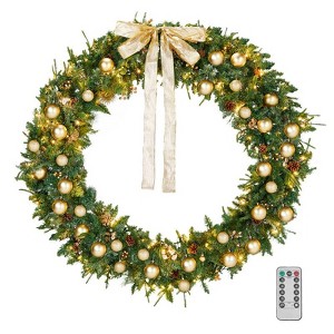 Karl Home Lighted PVC Christmas Wreath with Pinecone and Gold Ornaments - 1 of 4