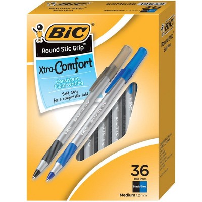 BIC Round Stic Grip Ballpoint Pen, 1.2 mm Medium Tip, Black/Blue, pk of 36