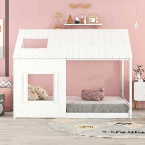 Bed Frame Full Bed With Roof Window, Sturdy Construction Slatted Support, No Box Spring Required, Platform Bed For Boys Girls Teens Bedroom - 1 of 4