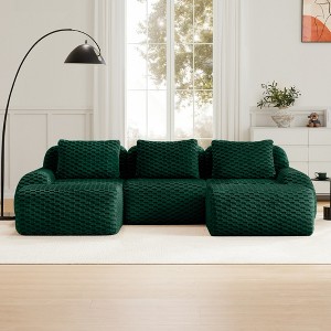 114" U-Shaped Modular Sofa Flannelette 3-Seater Ottoman Buckle No Assembly Green - 1 of 4