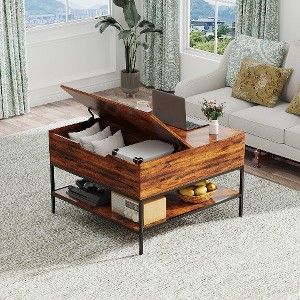 Lyngins Farmhouse Lift-Top Coffee Table with Storage & Open Shelves, Adjustable Height Living Room Table, Multifunctional Table, Wood-Grain & Metal - 1 of 4