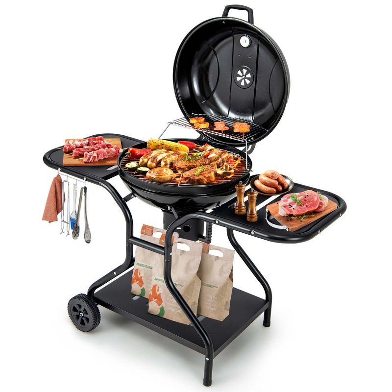 Costway 22 inch Charcoal BBQ Grill with Built-In Thermometer Wheels Side & Bottom Shelves, 1 of 10