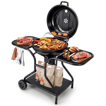 Costway 22 inch Charcoal BBQ Grill with Built-In Thermometer Wheels Side & Bottom Shelves