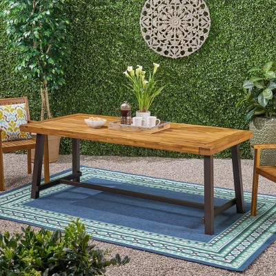 Large Outdoor Wood Dining Table for 8,Acacia Wood Dining Table with Metal Frame,Rectangular Patio Dining Table for Garden Parties-Cuddlewood