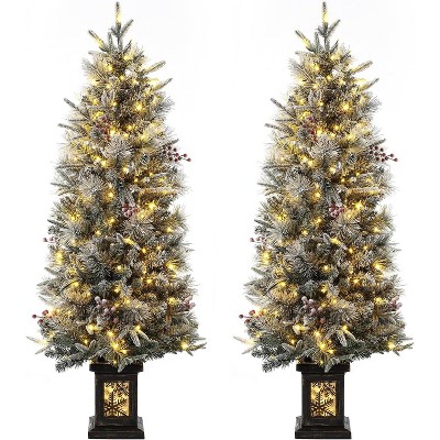 Artificial Christmas Tree Tabletop, Potted Christmas Tree with Berry Clusters, AC Plug in, for Front Door, Porch