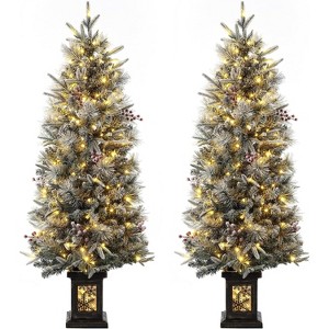 4.5 FT Pre-Lit Snow Flocked Potted Christmas Tree with 200 Warm White Lights, 8 Modes, 12 Red Berries, 286 PE & PVC Tips - 1 of 4