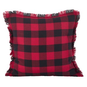 20" Fringed Buffalo Plaid Pillow Down Filled Red - SARO Lifestyle: Cotton, Indoor/Outdoor Use, Zipper Closure - 1 of 3