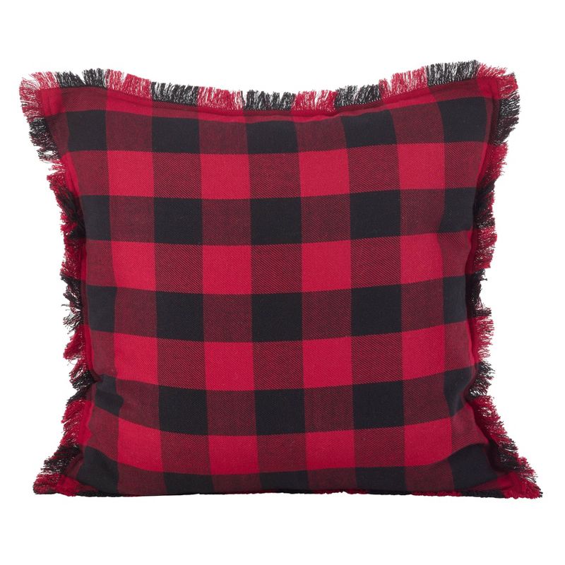 20&#34; Fringed Buffalo Plaid Pillow Down Filled Red - SARO Lifestyle, 1 of 5