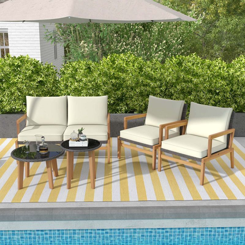 Costway 5 Piece Rattan Furniture Set Wicker Woven Sofa Set with Solid Acacia Wood Frame, 4 of 11