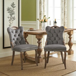Set of 2 Velvet Tufted Dining Chairs with Solid Wood Handles, Nailhead Trim, Curved Legs, Accent Chairs for Dining Room or Kitchen - 1 of 4