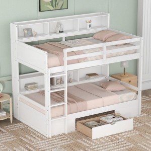 Twin Size Bunk Bed with Built-in Shelves Beside both Upper and Down Bed and Storage Drawer,Gray - 1 of 3