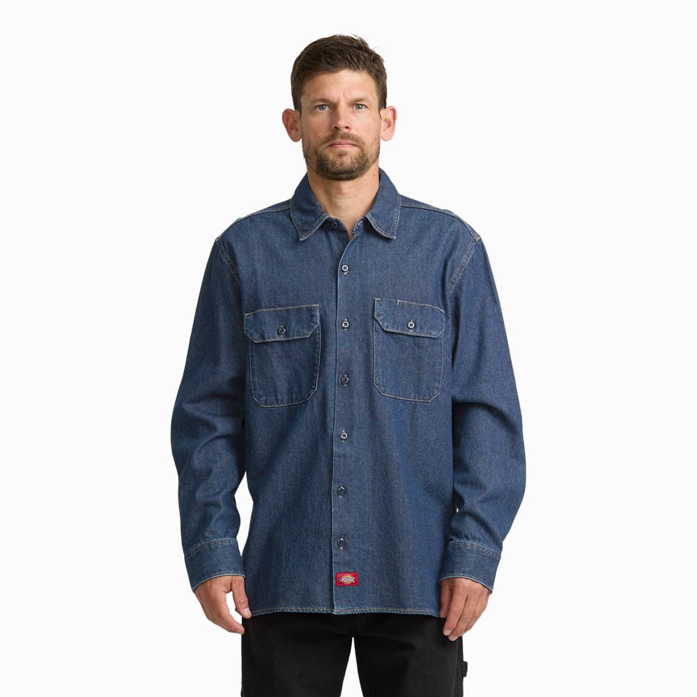 Dickies Men's Long Sleeve Denim Work Shirt Button-Down Shirts - Indigo M