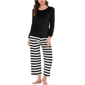 cheibear Womens Sleepwear Flannel Lounge with Stripped Pants Winter Long Sleeve Pajama Set - 1 of 4