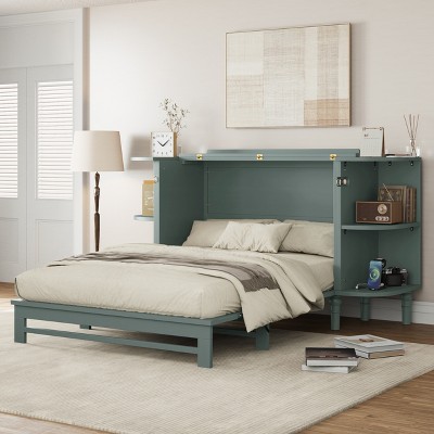 Full/Queen Farmhouse Murphy Bed Chest Cube Cabinet Bed Foldable Platform Bed with Charging Station and Open Shelves,Venus Teal/Ceylon Cream-ModernLuxe
