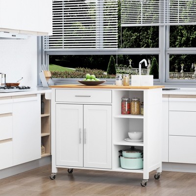 HOMCOM Wooden Rolling Kitchen Storage Island on 360° Swivel Wheels Dining Cart with Drawer for Kitchen