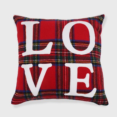 18"x18" 'Love' Plaid Square Throw Pillow Scarlet - Evergrace