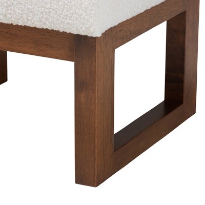 Off-White Boucle Upholstered Walnut Wood Ottoman Footstool