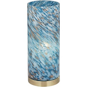 360 Lighting Modern Coastal Accent Table Lamp 13 1/2" High Brass Blue Art Glass Cylinder Shade for Bedroom Living Room Nightstand - 1 of 4