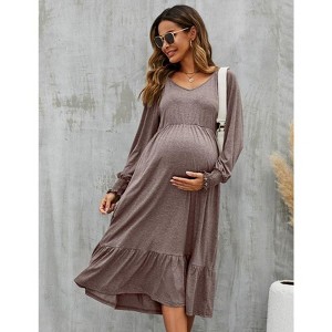 Coolmee Women Casual Smocked V Neck Lantern Long Sleeve Flowy Ruffled Maternity Midi Dress For Baby Shower Photoshoot - 1 of 4