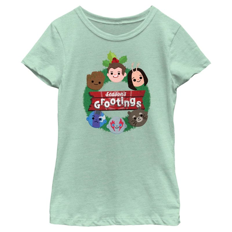Girl's Guardians of the Galaxy Holiday Special Season's Grootings Cute Characters T-Shirt, 1 of 5