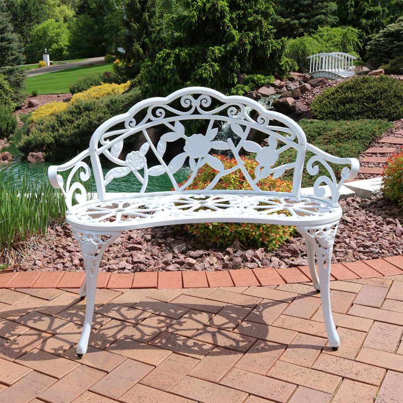 Sunnydaze 2-Person Classic Rose Design Cast Aluminum Outdoor Garden Bench, White, 2 of 8