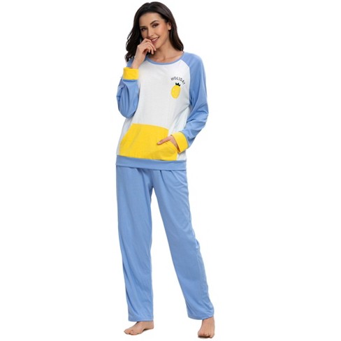 Cheibear Womens Sleepwear Crew Neck Nightwear With Pants Pockets Loungewear  Pajama Set Blue Xx Large : Target