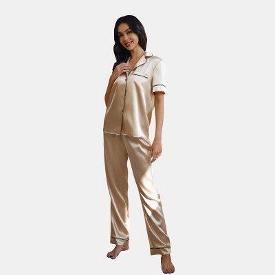 Women's Satin Short Sleeve Button Front Down Shirt & Pants Pajama Sets - Cupshe