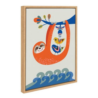 18" x 24" Natural Framed Canvas Wall Art with Colorful Sloth and Birds