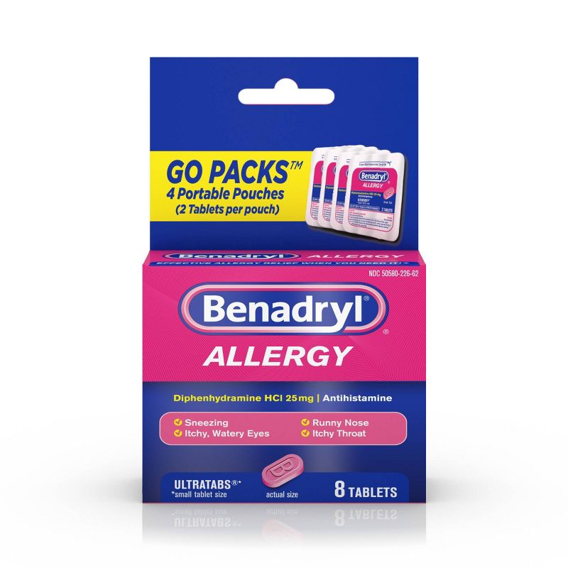 Benadryl Ultratabs Go Packs - Antihistamine Tablets - 4 packs of 2ct, 1 of 9
