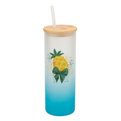 Elanze Designs 25 Ounce Frosted Glass Gradient Travel Tumbler With Straw and Wooden Lid, Pineapple Sky Blue