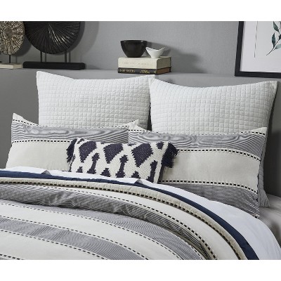 Ivory and Navy Striped Microfiber Queen Comforter Set