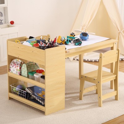 Kids Art Table w/2 Chairs, Toddler Craft Play Wood Activity Desk with Large Storage Shelves for Writing Drawing,Nursery, Children's Wooden Furniture