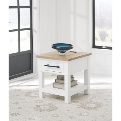 White and Light Brown Oak Veneer End Table with Storage Drawer