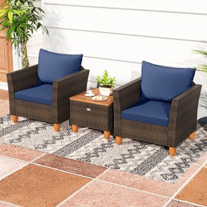 Costway 3 PCS Outdoor Patio Rattan Bistro Furniture Set Wooden Table Top Cushioned Sofa Gray/Black/Beige/Navy - 1 of 4