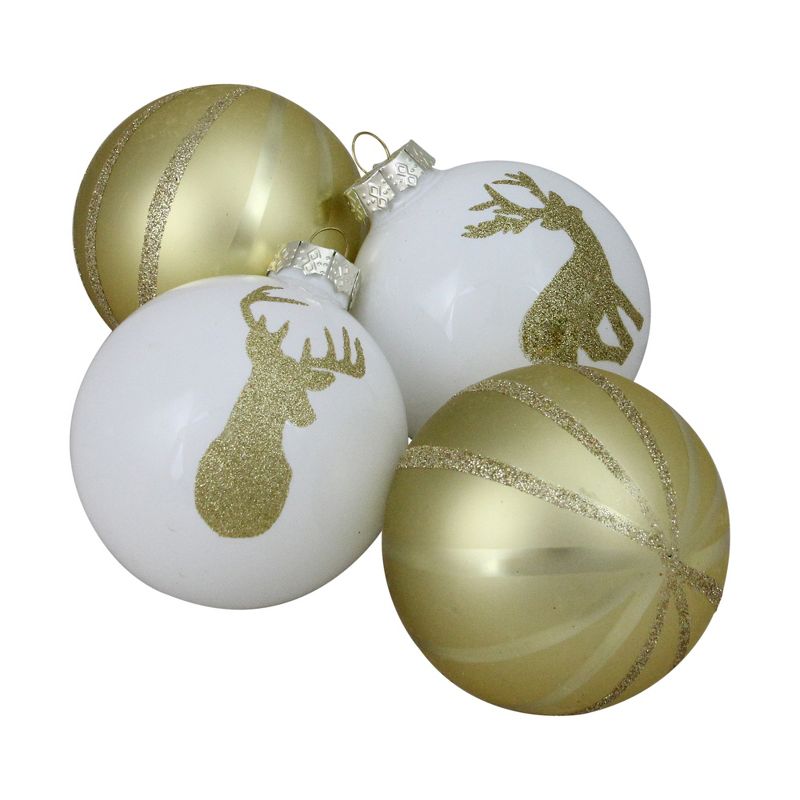 Northlight 4ct Striped Deer Christmas Glass Ball Ornament Set 4.5" - Champagne Gold/White, 1 of 4