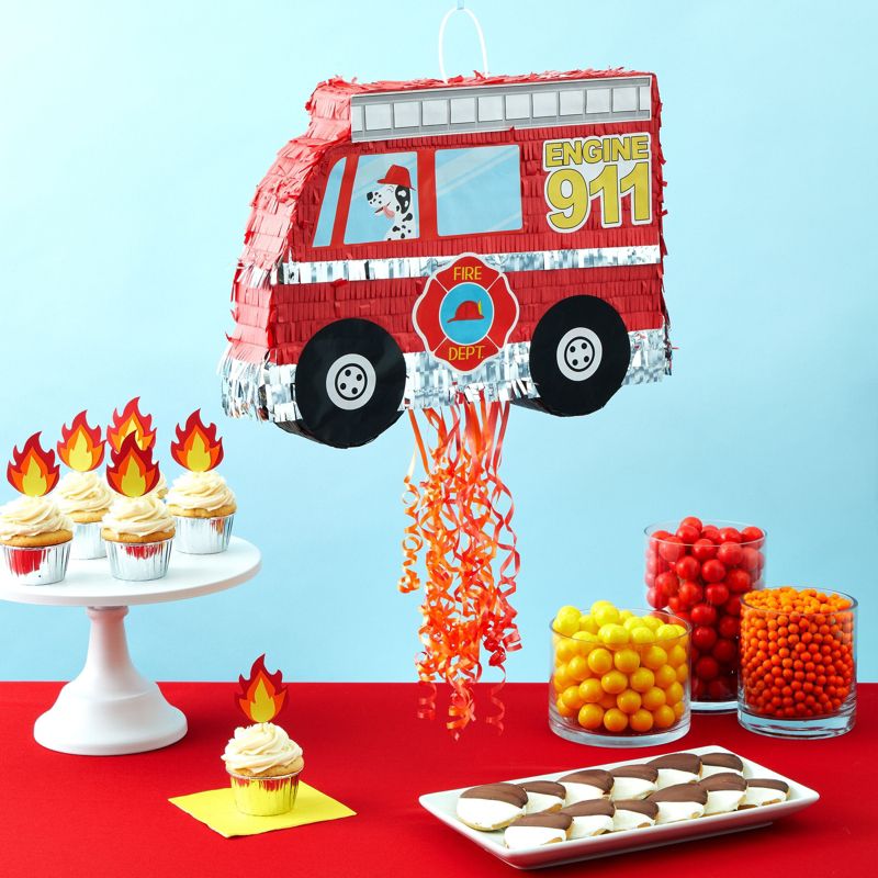 Blue Panda Small Pull String Fire Truck Pinata for Birthday Party Decorations, Firefighter Party Supplies, 16 x 12.3 x 3 In, 2 of 9