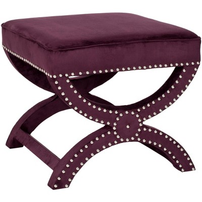 Plum Velvet Ottoman with Silver Nailhead Trim