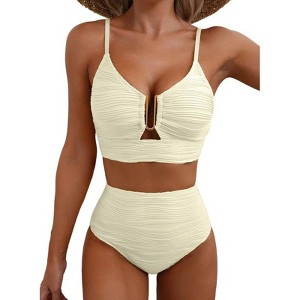 Coolmee 2 Piece Bestselling Bikini Set U-Wire Cutout Swimsuit High Waisted Textured Summer Beach Swim Bathing Suits - 1 of 2