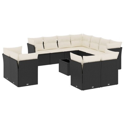 vidaXL 12 Piece Patio Sofa Set with Cushions Black Poly Rattan - Black and Cream With Table