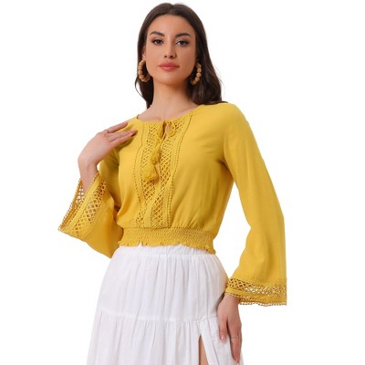 Allegra K Women's Round Neck Bell Long Sleeve Smocked Hem Cropped Blouse