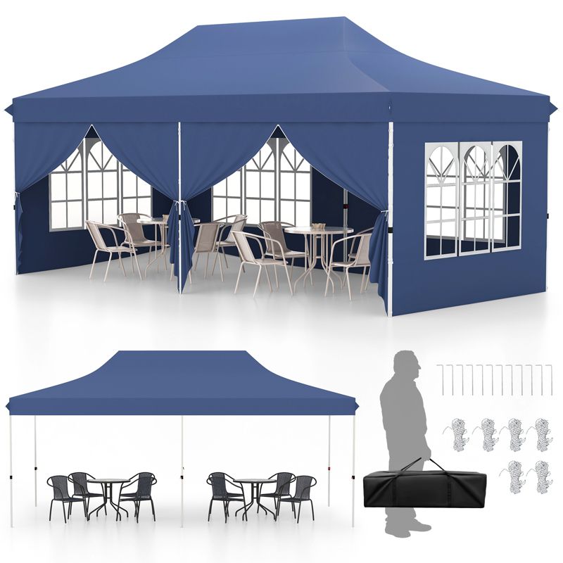 Tangkula 10 x 20FT Pop up Canopy with 6 Sidewalls Outdoor Canopy Tent with Zippered Entrances Windows Blue/Black/Grey/White, 1 of 11