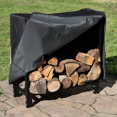 Black Steel Indoor/Outdoor Firewood Log Rack with Protective Cover