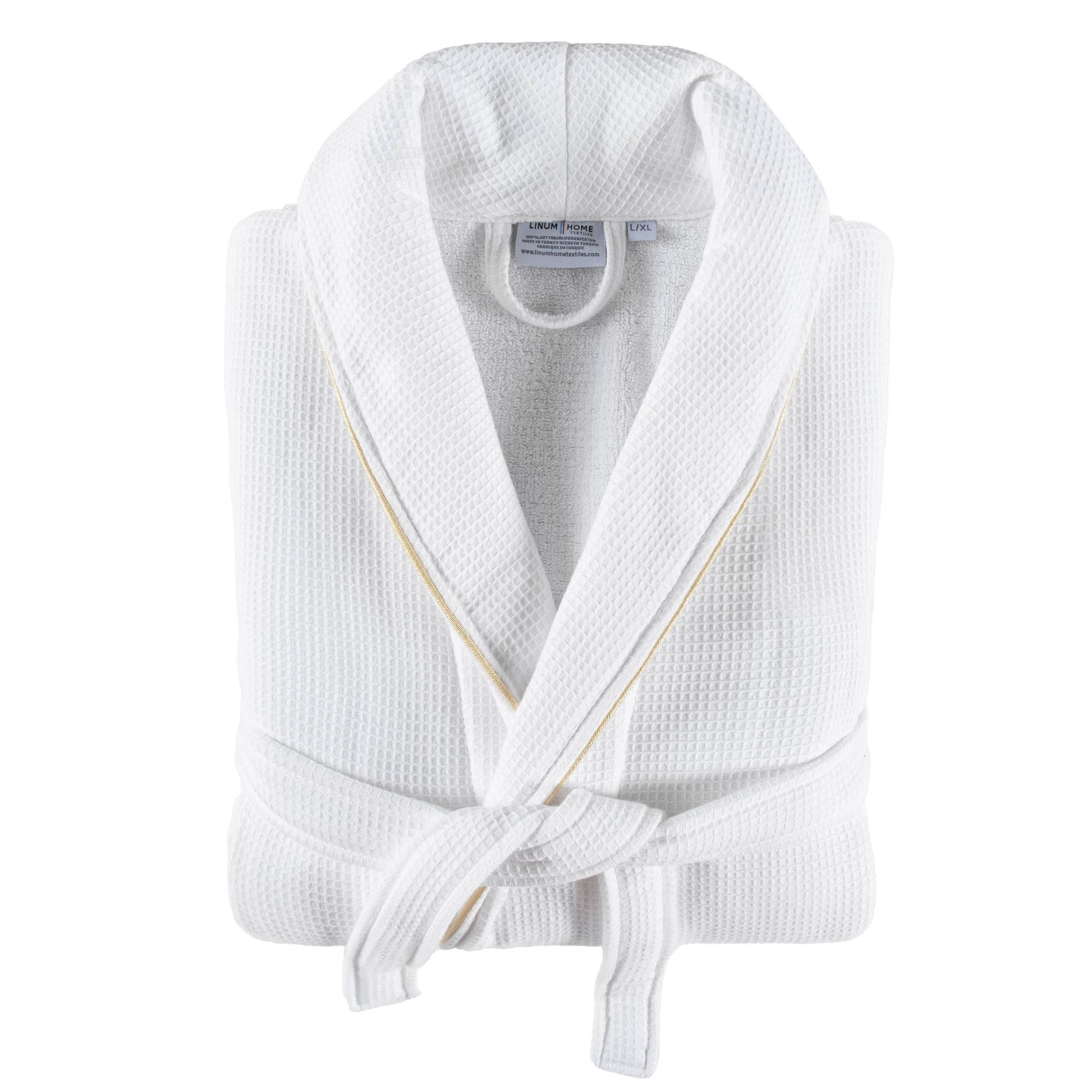 L/XL Turkish Cotton Hotel Waffle Terry Bathrobe White/Gold - Linum Home Textiles