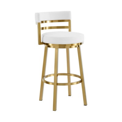 HomeRoots 30" White and Gold Faux Leather and Stainless Steel Low Back Bar Height Swivel Bar Chair