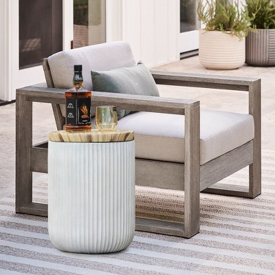Gray Cement and Faux Wood Round Patio Side Table with Storage
