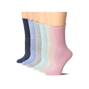 Tipi Toe Womens 6 Pairs Harmonious Neutral-Vibrance Crew Length Turn-Cuff Solid Lettuce Edge Lace Ruffle Socks - 1 of 4