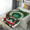 1-Pack Festive Christmas Green Flannel Blanket with Wreath & Holiday, Holly Berry Snowflake Pine Garland Red Golden White on Dark Green. - 3 of 4
